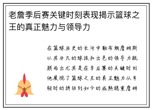 老詹季后赛关键时刻表现揭示篮球之王的真正魅力与领导力