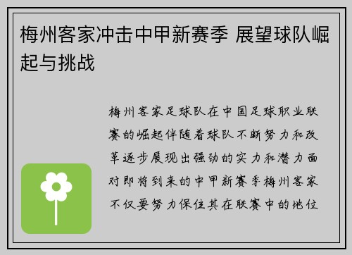 梅州客家冲击中甲新赛季 展望球队崛起与挑战
