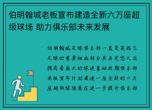 伯明翰城老板宣布建造全新六万座超级球场 助力俱乐部未来发展